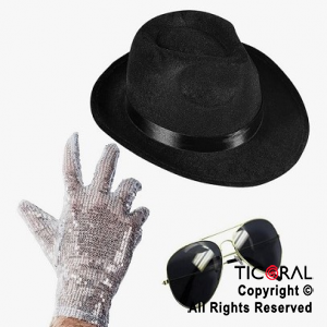 SET DISFRAZ MICHAEL JACKSON SOMBRERO ANTEOJOS Y GUANTES x 1